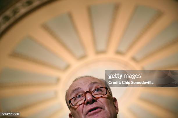 Senate Minority Leader Charles Schumer talks to reporters during a news conference following the weekly policy luncheon at the U.S. Capitol February...