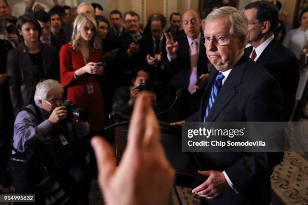 Senate Majority Leader Mitch McConnell talks to reporters following the weekly policy luncheon at the U.S. Capitol February 6, 2018 in Washington,...