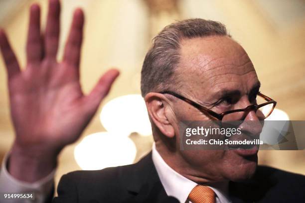 Senate Minority Leader Charles Schumer talks to reporters during a news conference following the weekly policy luncheon at the U.S. Capitol February...