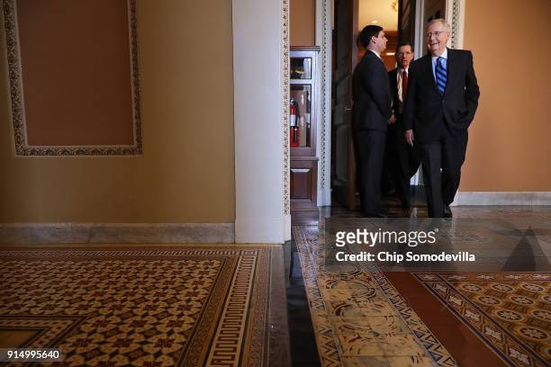 Senate Majority Leader Mitch McConnell leaves the Senate Republican policy luncheon at the U.S. Capitol February 6, 2018 in Washington, DC. Senate...