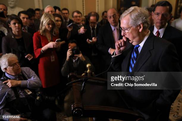 Senate Majority Leader Mitch McConnell talks to reporters following the weekly policy luncheon at the U.S. Capitol February 6, 2018 in Washington,...