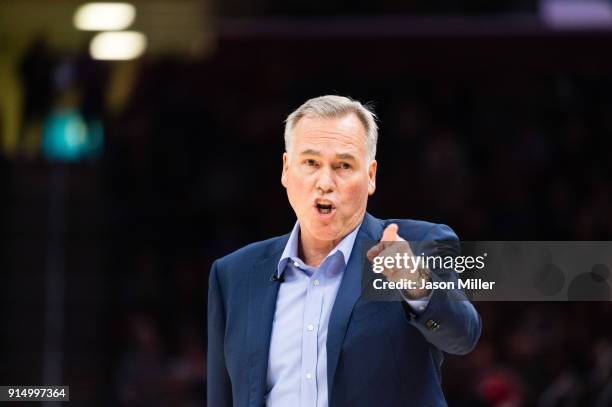 Mike D'Antoni of the Houston Rockets yells to his players during the first half against the Cleveland Cavaliers at Quicken Loans Arena on February 3,...