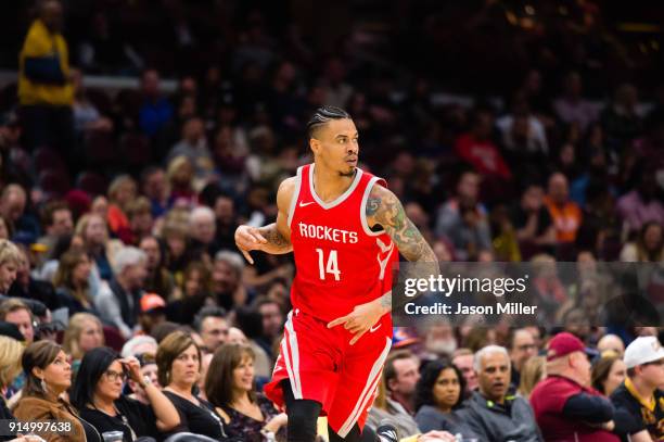 Gerald Green of the Houston Rockets celebrates after scoring during the second half against the Cleveland Cavaliers at Quicken Loans Arena on...