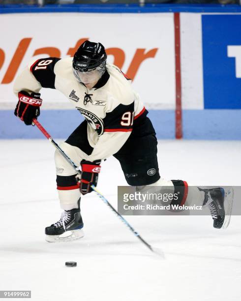 Ryan Bourque of the Quebec Remparts shoots the puck during the game against the Baie Comeau Drakkar at Colisee Pepsi on October 2, 2009 in Quebec...