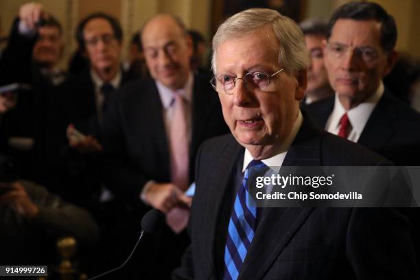 Senate Majority Leader Mitch McConnell talks to reporters following the weekly policy luncheon at the U.S. Capitol February 6, 2018 in Washington,...