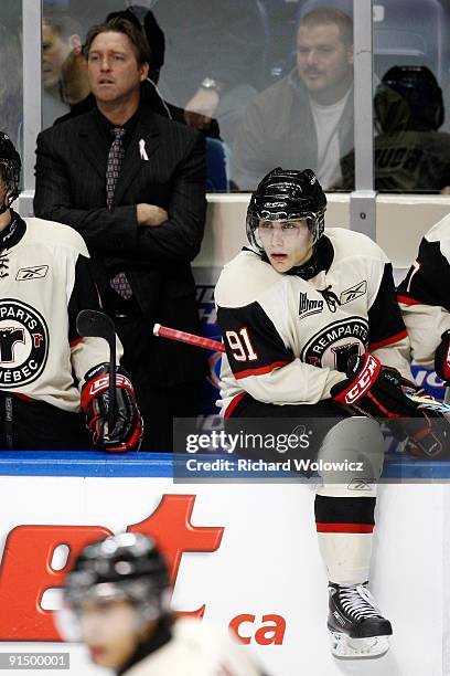 Ryan Bourque of the Quebec Remparts watches play from the bench during the game against the Baie Comeau Drakkar at Colisee Pepsi on October 2, 2009...