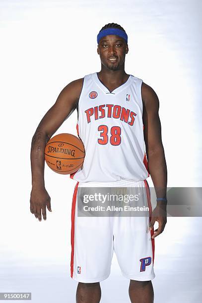 Kwame Brown of the Detroit Pistons poses for a portrait during 2009 NBA Media Day on September 28, 2009 at The Palace of Auburn Hills in Auburn...