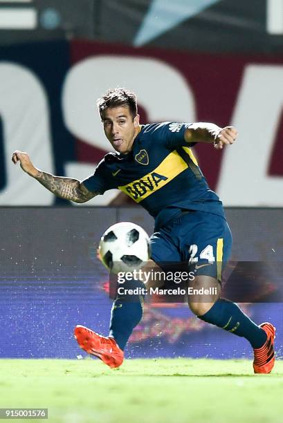 Julio Buffarini of Boca Juniors kicks the ball during a match between San Lorenzo and Boca Juniors as part of the Superliga 2017/18 at Pedro Bidegain...