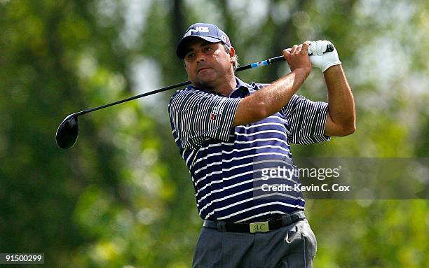 Angel Cabrera of Argentina hits a shot during round one at The Barclays on August 27, 2009 at Liberty National in Jersey City, New Jersey.