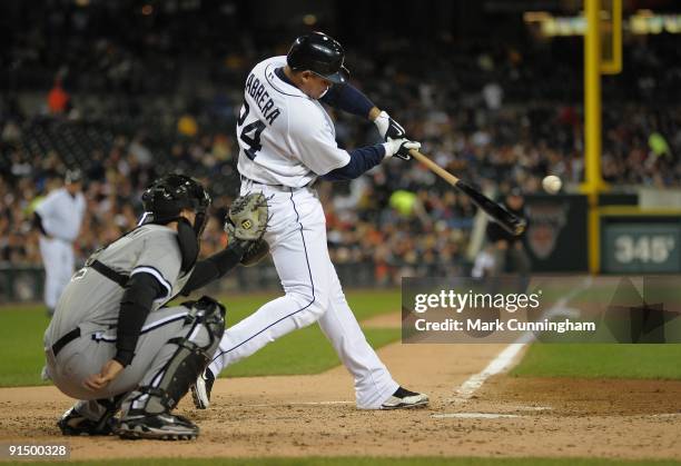 Miguel Cabrera of the Detroit Tigers bats against the Chicago White Sox during the game at Comerica Park on October 2, 2009 in Detroit, Michigan. The...