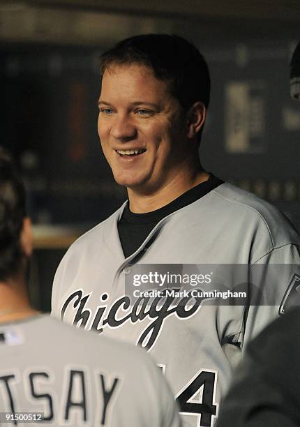 Jake Peavy of the Chicago White Sox looks on from the dugout against the Detroit Tigers during the game at Comerica Park on October 2, 2009 in...