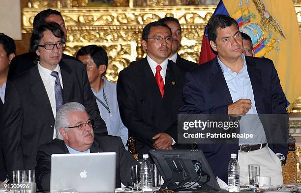 Ecuador's President Rafael Correa attends a meeting with Indian members at the Government Palace on 5, 2009 in Quito Ecuador. Correa is in a dispute...