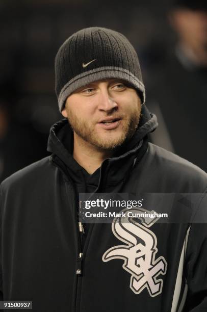 Mark Buehrle of the Chicago White Sox looks on from the dugout against the Detroit Tigers during the game at Comerica Park on October 2, 2009 in...