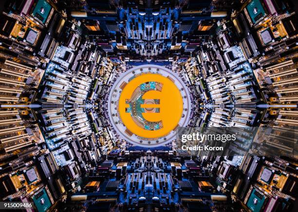 euro cryptocurrency concept super processor - e safety stock pictures, royalty-free photos & images