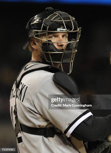 Pierzynski of the Chicago White Sox looks on against the Detroit Tigers during the game at Comerica Park on October 2, 2009 in Detroit, Michigan. The...