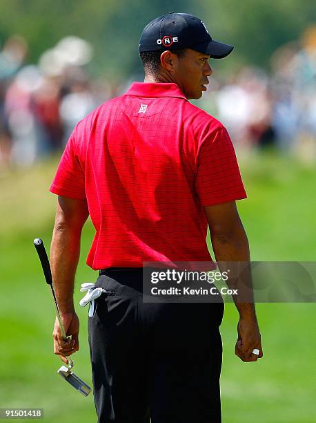 Tiger Woods looks on during the final round of The Barclays on August 30, 2009 at Liberty National in Jersey City, New Jersey.