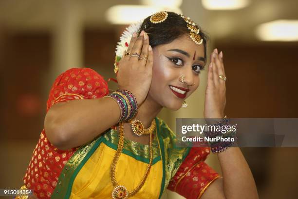 Tamil Bharatnatyam dancer performs a traditional dance during a cultural program celebrating Tamil Heritage Month in Stouffville, Ontario, Canada, on...