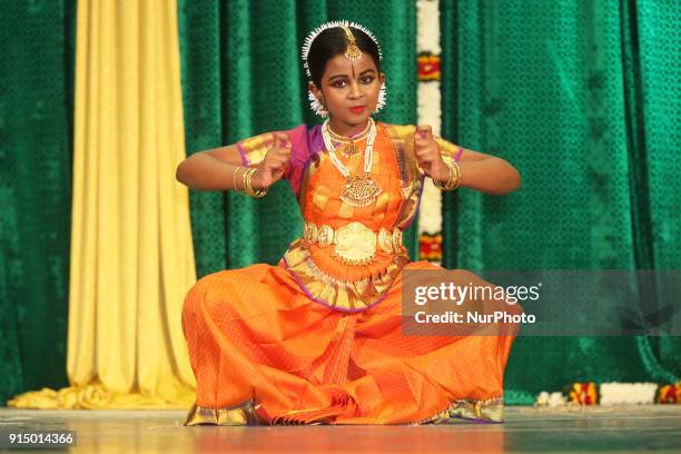 Tamil girl performs a traditional Bharatnatyam dance during a cultural program celebrating Tamil Heritage Month in Stouffville, Ontario, Canada, on...