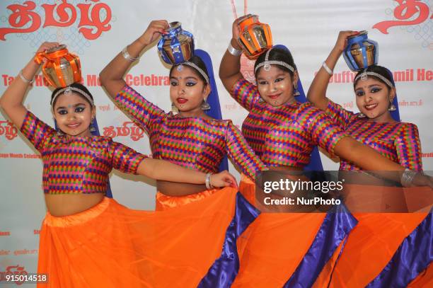 Tamil girls perform a traditional dance during a cultural program celebrating Tamil Heritage Month in Stouffville, Ontario, Canada, on January 26,...