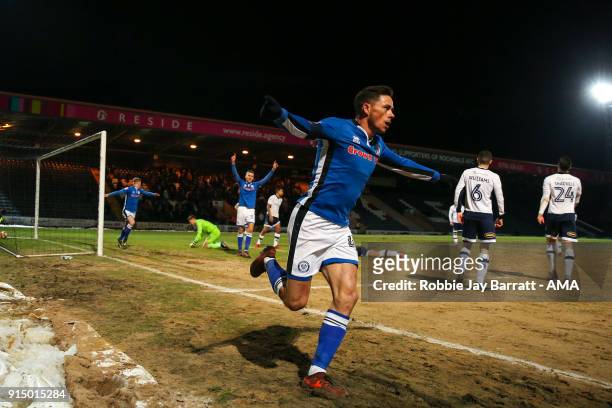Ian Henderson of Rochdale celebrates after scoring a goal to make it 1-0 during The Emirates FA Cup Fourth Round Replay at Spotland Stadium on...