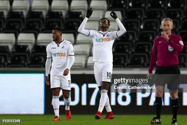 Tammy Abraham of Swansea City celebrates scoring the 4th Swansea Goal during The Emirates FA Cup Fourth Round match between Swansea City and Notts...