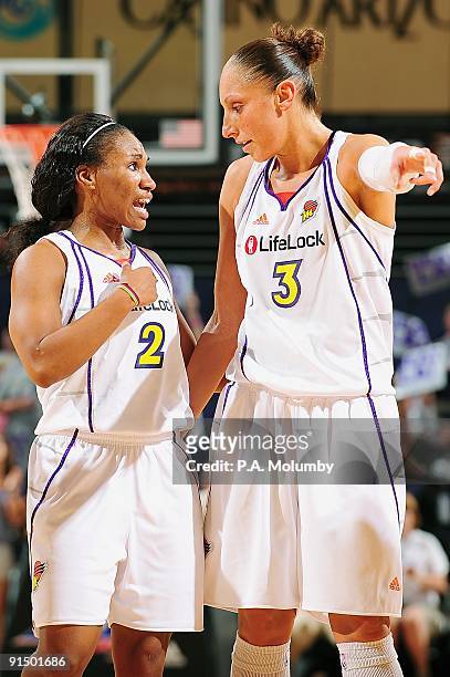 Temeka Johnson of the Phoenix Mercury talks to teammate Diana Taurasi in Game Two of the Western Conference Finals against the Los Angeles Sparks...