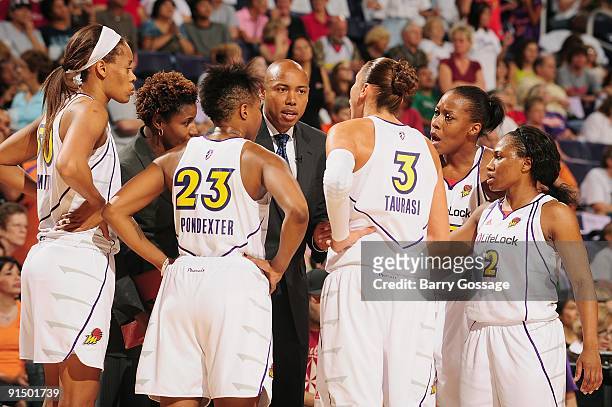 Head Coach Corey Gaines of the Phoenix Mercury huddles with his team in Game Three of the Western Conference Finals against the Los Angeles Sparks...