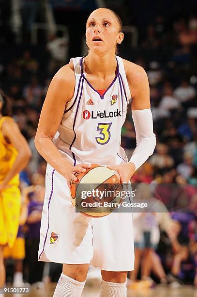 Diana Taurasi of the Phoenix Mercury shoots a free throw in Game Three of the Western Conference Finals against the Los Angeles Sparks during the...