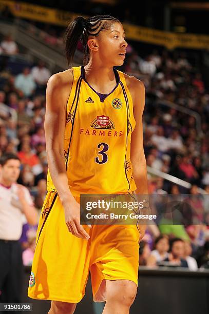 Candace Parker of the Los Angeles Sparks takes a break from the action in Game Two of the Western Conference Finals against the Phoenix Mercury...