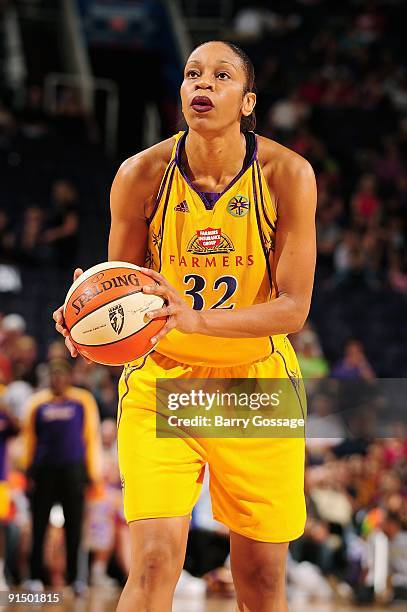 Tina Thompson of the Los Angeles Sparks shoots a free throw in Game Two of the Western Conference Finals against the Phoenix Mercury during the 2009...