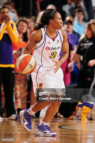 Temeka Johnson of the Phoenix Mercury moves the ball to the basket in Game Two of the Western Conference Finals against the Los Angeles Sparks during...