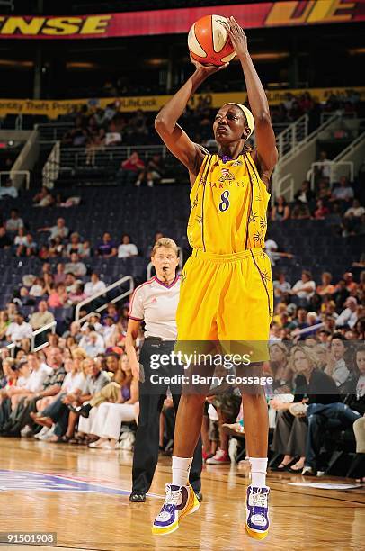 DeLisha Milton-Jones of the Los Angeles Sparks shoots a jumper in Game Two of the Western Conference Finals against the Phoenix Mercury during the...