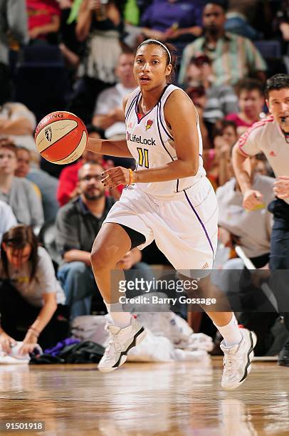 Ketia Swanier of the Phoenix Mercury drives the ball up court in Game Two of the Western Conference Finals against the Los Angeles Sparks during the...