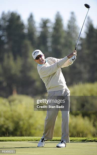 Mark McNulty hits a drive during the third round of the JELD-WEN Tradition held at Crosswater Club at Sunriver on August 22, 2009 in Sunriver, Oregon.