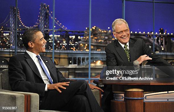 President of the United States Barack Obama talks to Dave when he visits the Late Show with David Letterman, on Monday, September 21, 2009 on the CBS...