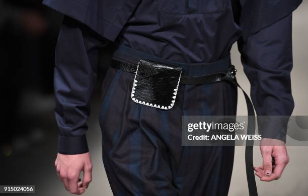 Model walks the runway at the Carlos Campos fashion show during New York Fashion Week Mens' at Skylight Modern on February 6, 2018 in New York City....