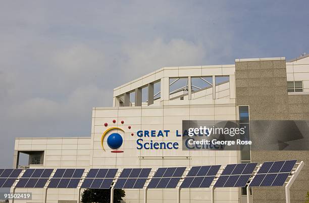 The Great Lakes Science Center featuring a solar panel array is seen in this 2009 Cleveland, Ohio, early afternoon downtown landscape photo.