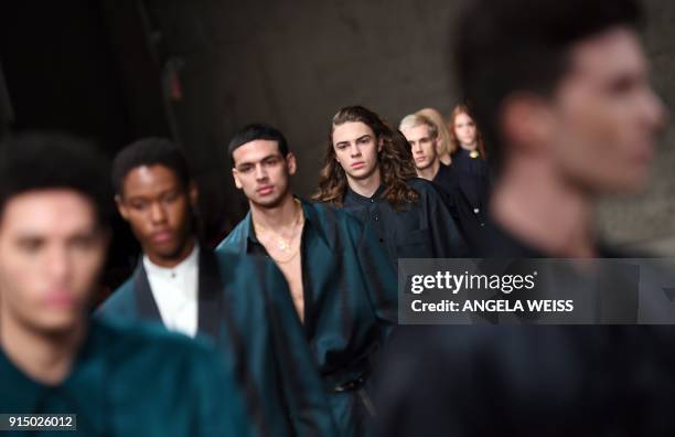 Models walk the runway at the Carlos Campos fashion show during New York Fashion Week Mens' at Skylight Modern on February 6, 2018 in New York City....