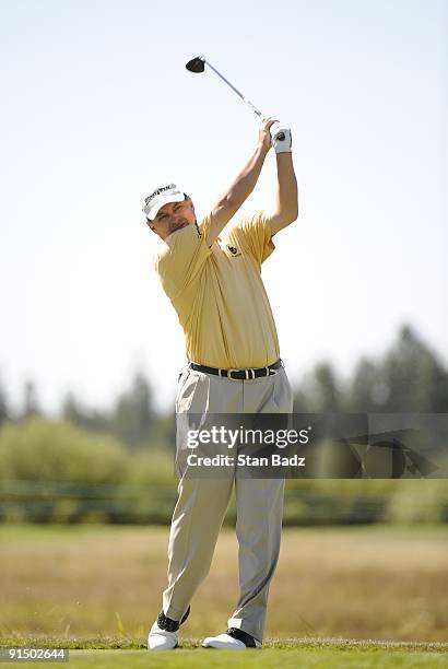 Loren Roberts hits a drive during the third round of the JELD-WEN Tradition held at Crosswater Club at Sunriver on August 22, 2009 in Sunriver,...