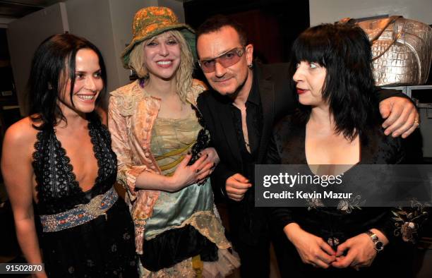 Andrea Corr, Courtney Love, Bono and Lydia Lunch backstage at Carnegie Hall during the NIGHTS Concert celebrating the music of Gavin Friday on...