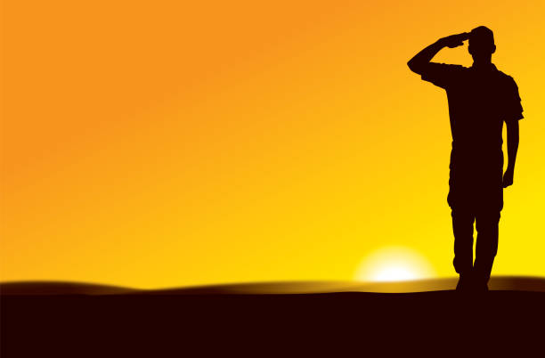 us army soldier saluting at sun rise or sun set - veterans day silhouette stock illustrations