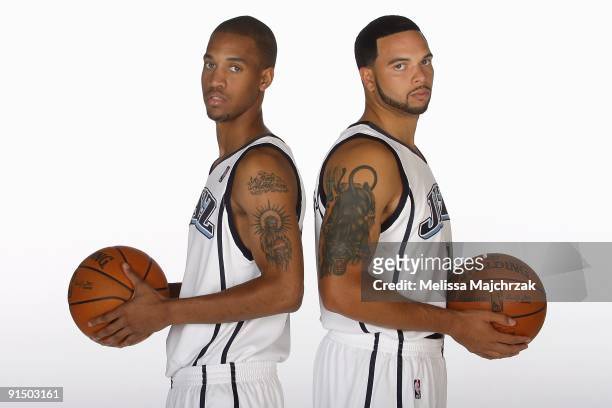 Eric Maynor and Deron Williams of the Utah Jazz pose for a portrait during 2009 NBA Media Day on September 25, 2009 at Zions Basketball Center in...