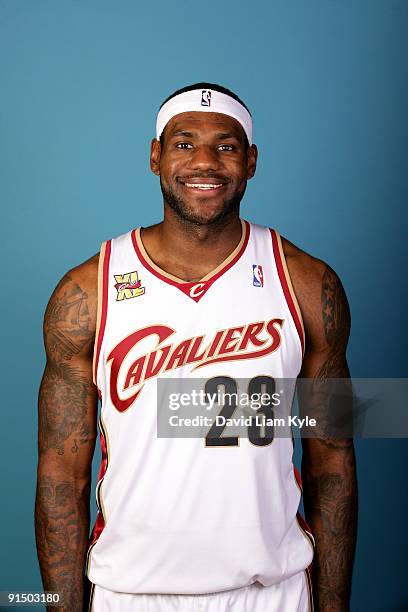 LeBron James of the Cleveland Cavaliers poses for a portrait during 2009 NBA Media Day on October 3, 2009 at the Cleveland Clinic Courts in...