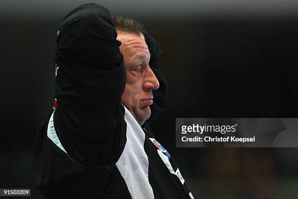 Head coach Michael Biegler of Magdeburg is seen during the Toyota Handball Bundesliga match between HSG Duesseldorf and SC Magdeburg at the...