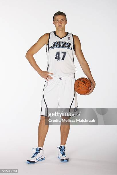 Andrei Kirilenko of the Utah Jazz poses for a portrait during 2009 NBA Media Day on September 25, 2009 at Zions Basketball Center in Salt Lake City,...