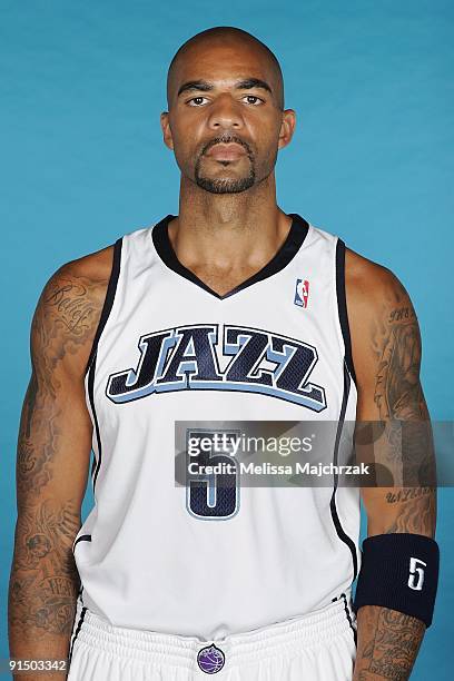 Carlos Boozer of the Utah Jazz poses for a portrait during 2009 NBA Media Day on September 25, 2009 at Zions Basketball Center in Salt Lake City,...