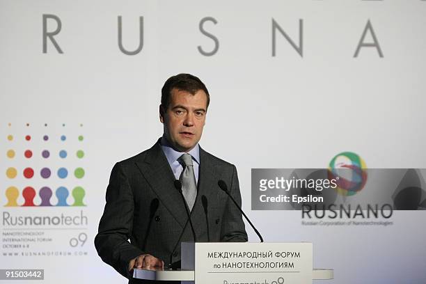 Russian President Dmitry Medvedev speaks speaks during the 2009 Rusnanotech International Nanotechnology Forum on October 6, 2009 in Moscow, Russia....