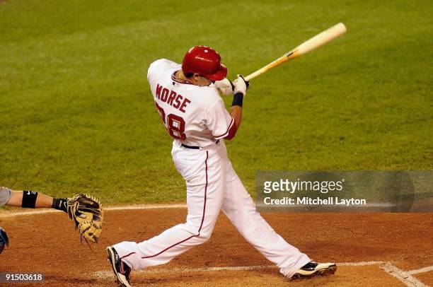 Mike Morse of the Washington Nationals takes a swing during a baseball game against the Washington Nationals on September 29, 2009 at Nationals Park...