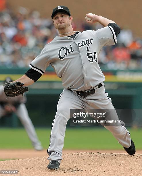 John Danks of the Chicago White Sox pitches against the Detroit Tigers during the game at Comerica Park on October 4, 2009 in Detroit, Michigan. The...