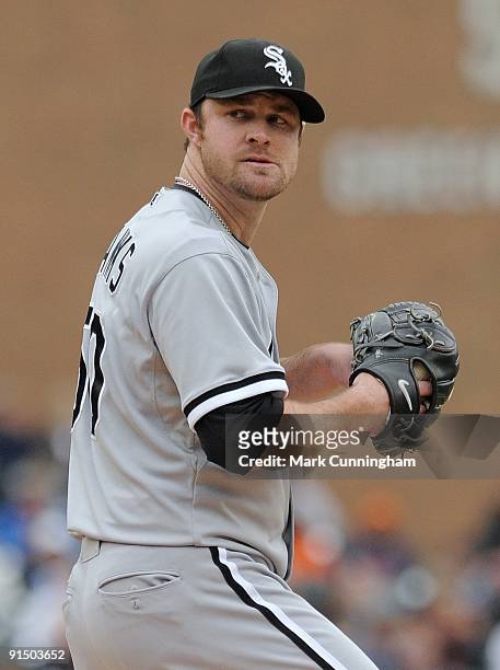 John Danks of the Chicago White Sox pitches against the Detroit Tigers during the game at Comerica Park on October 4, 2009 in Detroit, Michigan. The...
